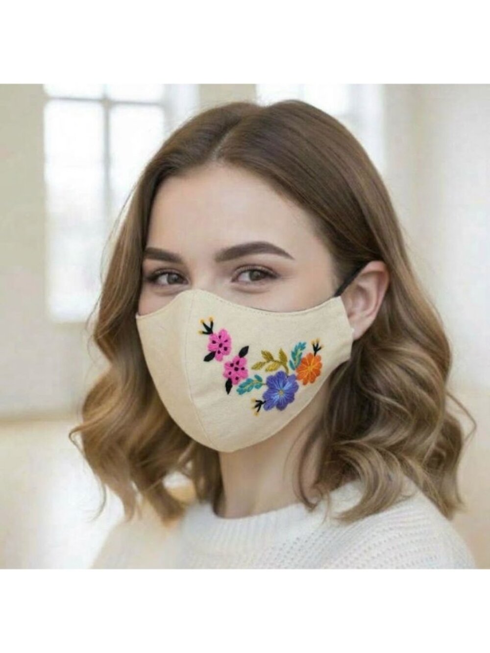 New Face cover ear loop Cream Mask Women's Embroidered handmade forest flowers